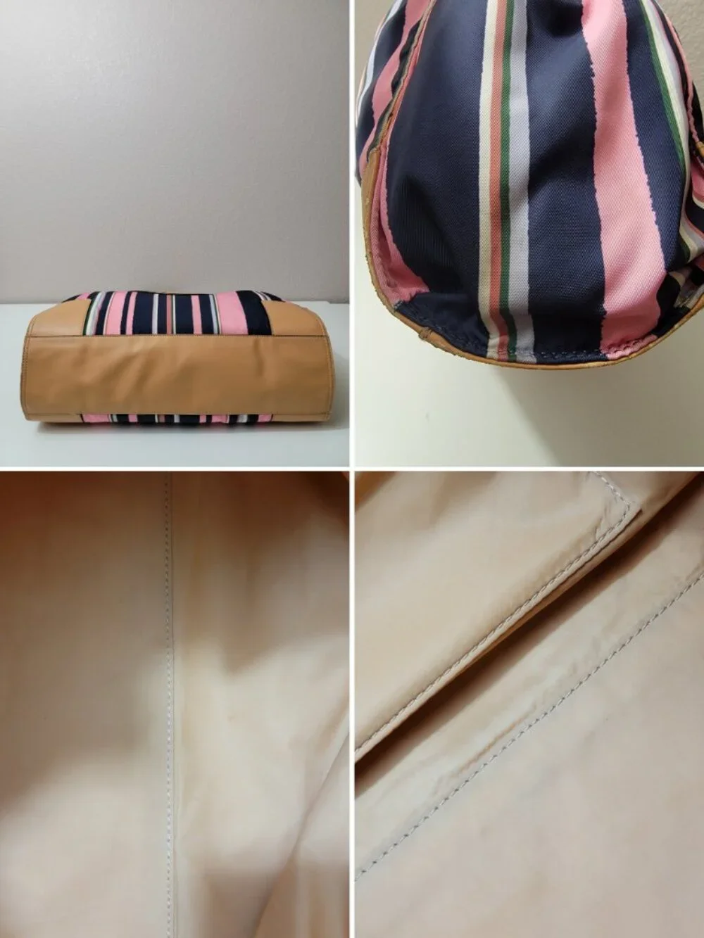 Tory Burch Ella Tote Navy Pink Stripe Nylon Large Shoulder Bag Leather Trim